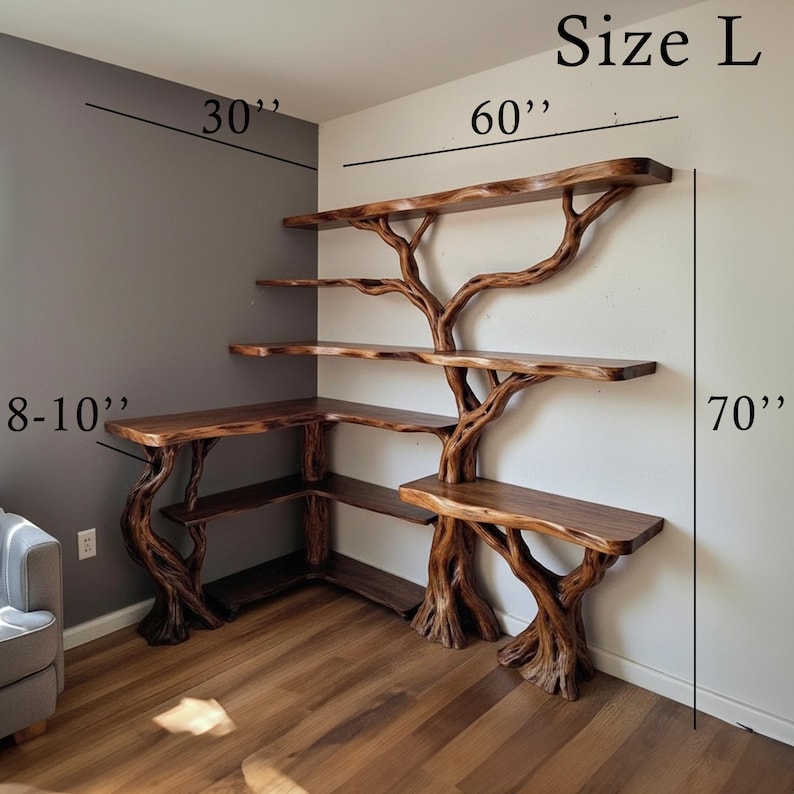 Aurenroot Solid Wood Corner Tree Branch Bookcase Live Edge Wall Shelf