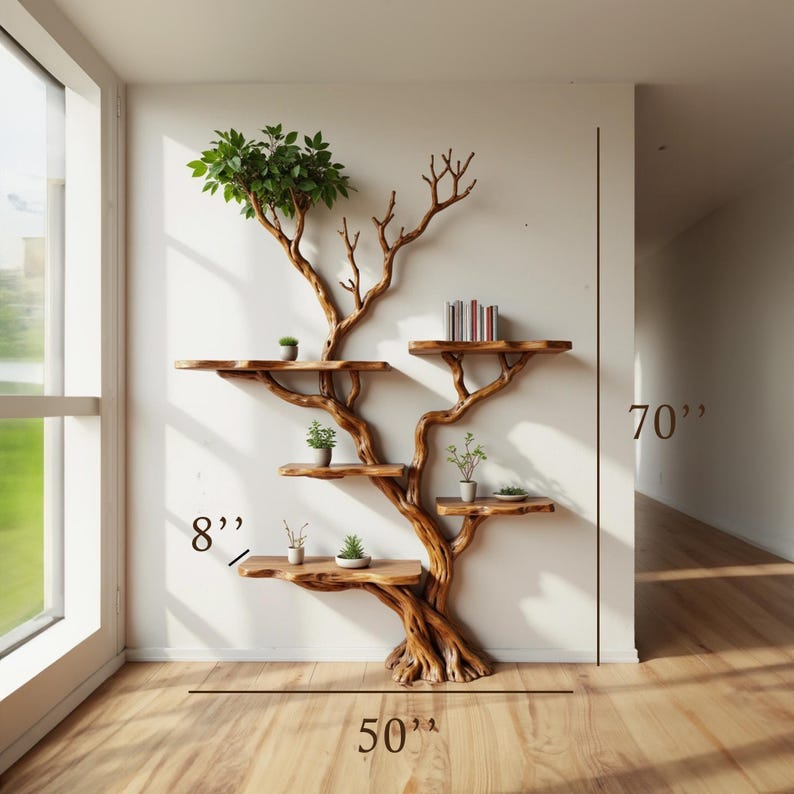 Aurenroot Solid Wood Live Edge Corner Tree Branch Floating Bookshelf