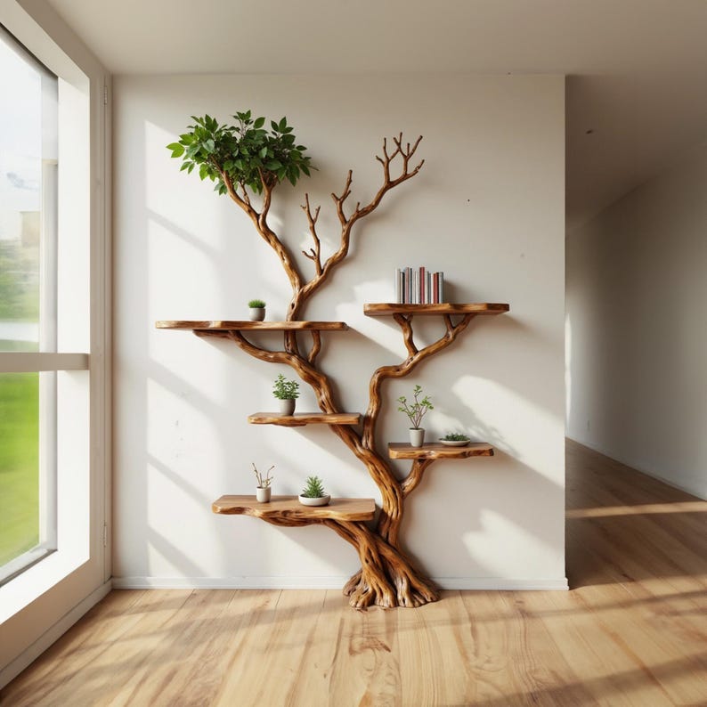 Aurenroot Solid Wood Live Edge Corner Tree Branch Floating Bookshelf