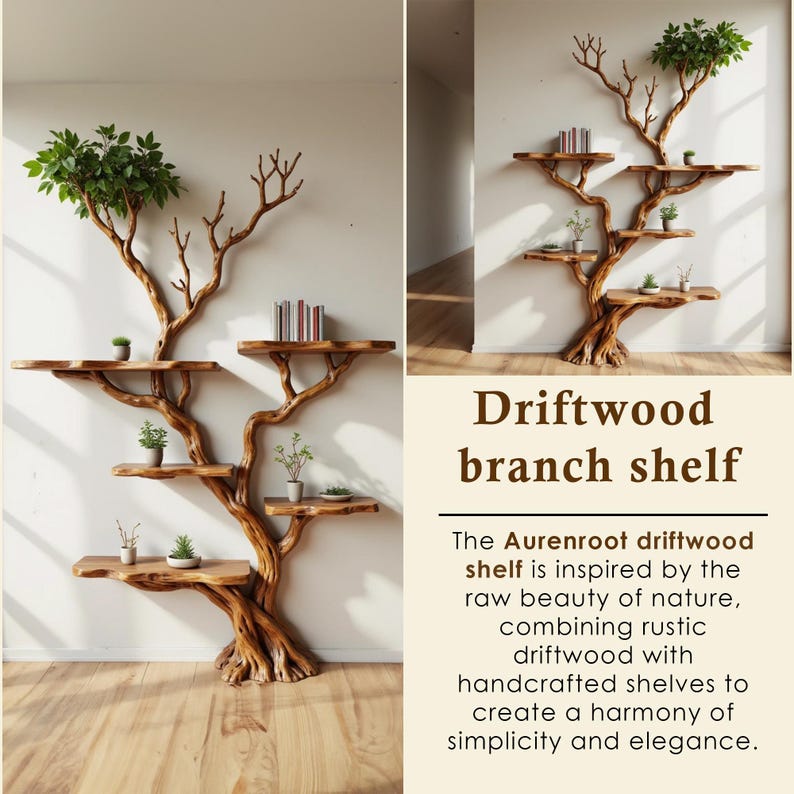 Aurenroot Solid Wood Live Edge Corner Tree Branch Floating Bookshelf