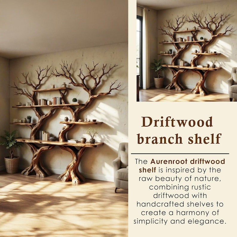 Aurenroot Tree Branch Wall Mounted Bookshelf Solid Wood