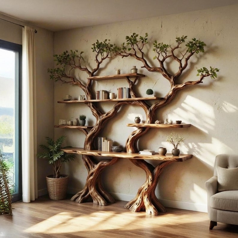 Aurenroot Tree Branch Wall Mounted Bookshelf Solid Wood