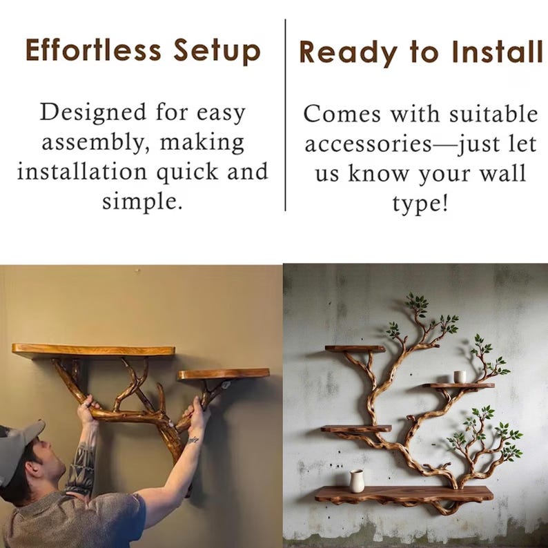 Aurenroot Solid Wood Live Edge Corner Tree Branch Floating Bookshelf