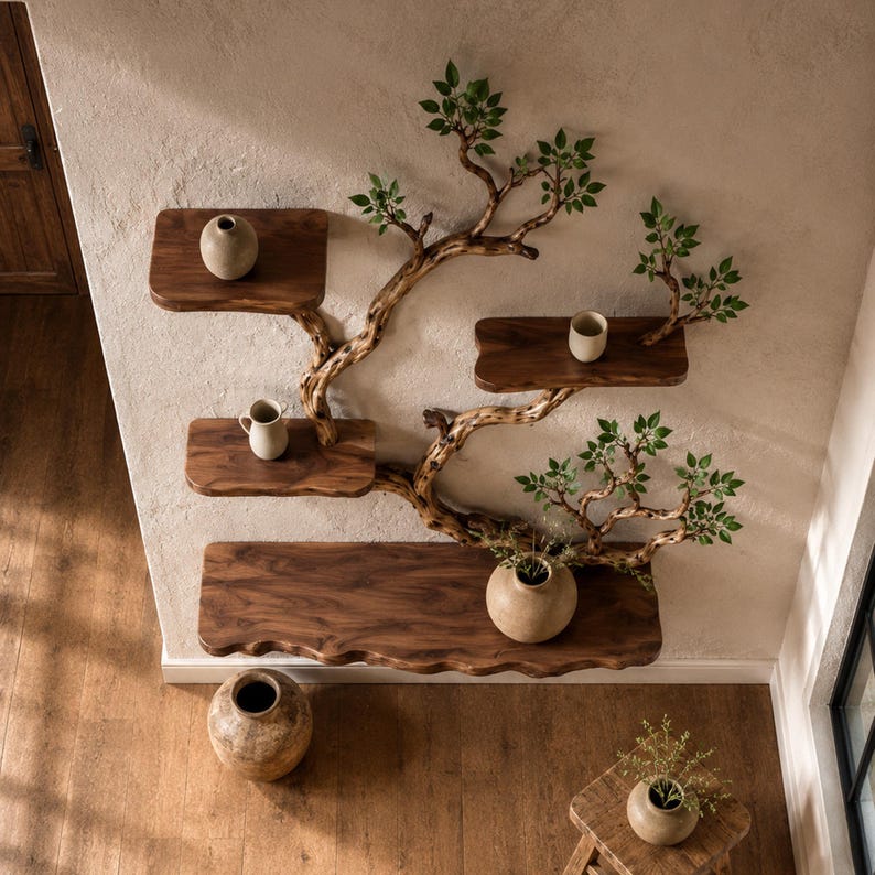 Aurenroot Solid Wood Live Edge Corner Tree Branch Floating Bookshelf