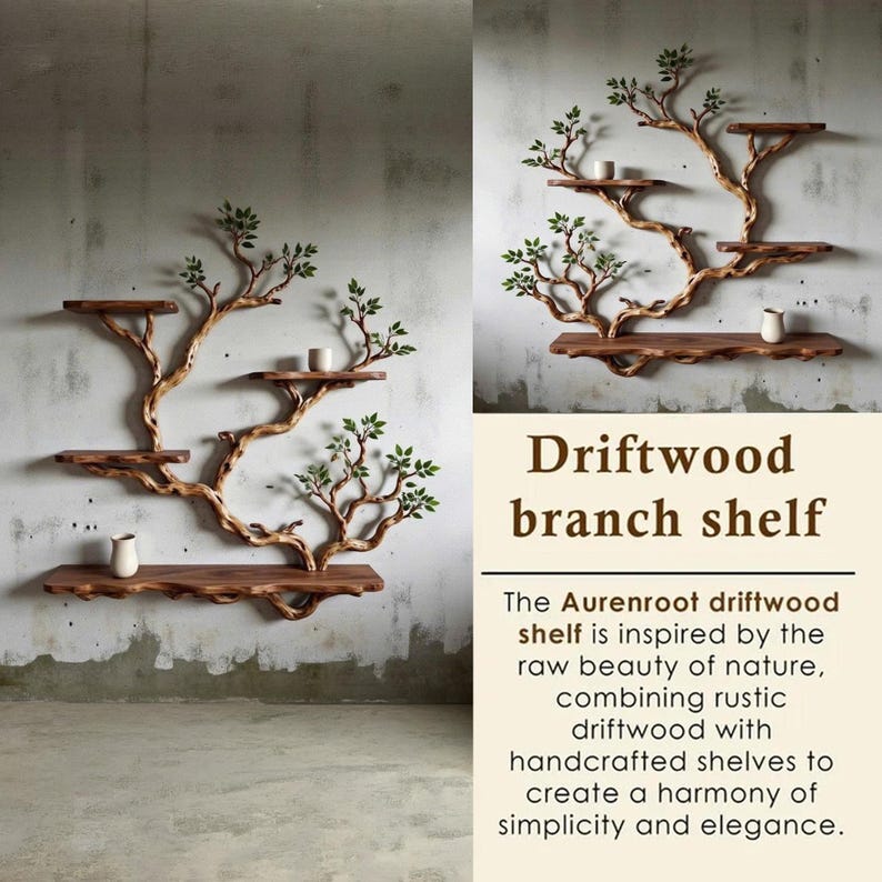 Aurenroot Solid Wood Live Edge Corner Tree Branch Floating Bookshelf