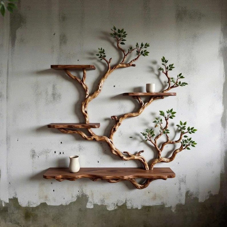 Aurenroot Solid Wood Live Edge Corner Tree Branch Floating Bookshelf