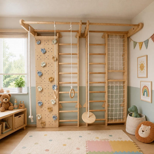 Wooden Indoor Playground Wall-Mounted Swedish Ladder Climbing Set 2-Piece