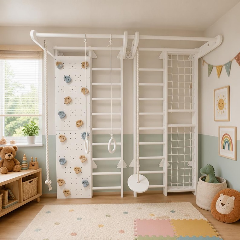 Wooden Indoor Playground Wall-Mounted Swedish Ladder Climbing Set 2-Piece